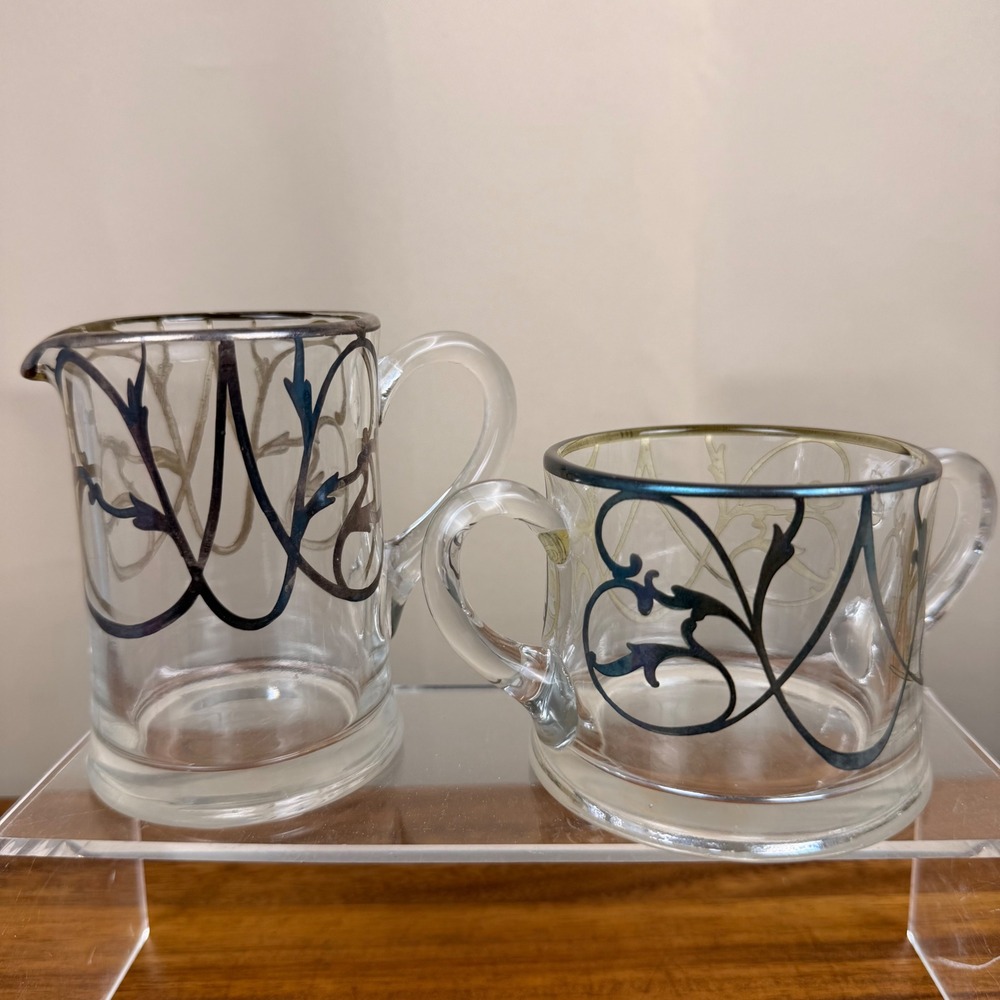 Westmoreland Colonial Lady Silver Overlay Cream and Sugar Set Clear Vintage